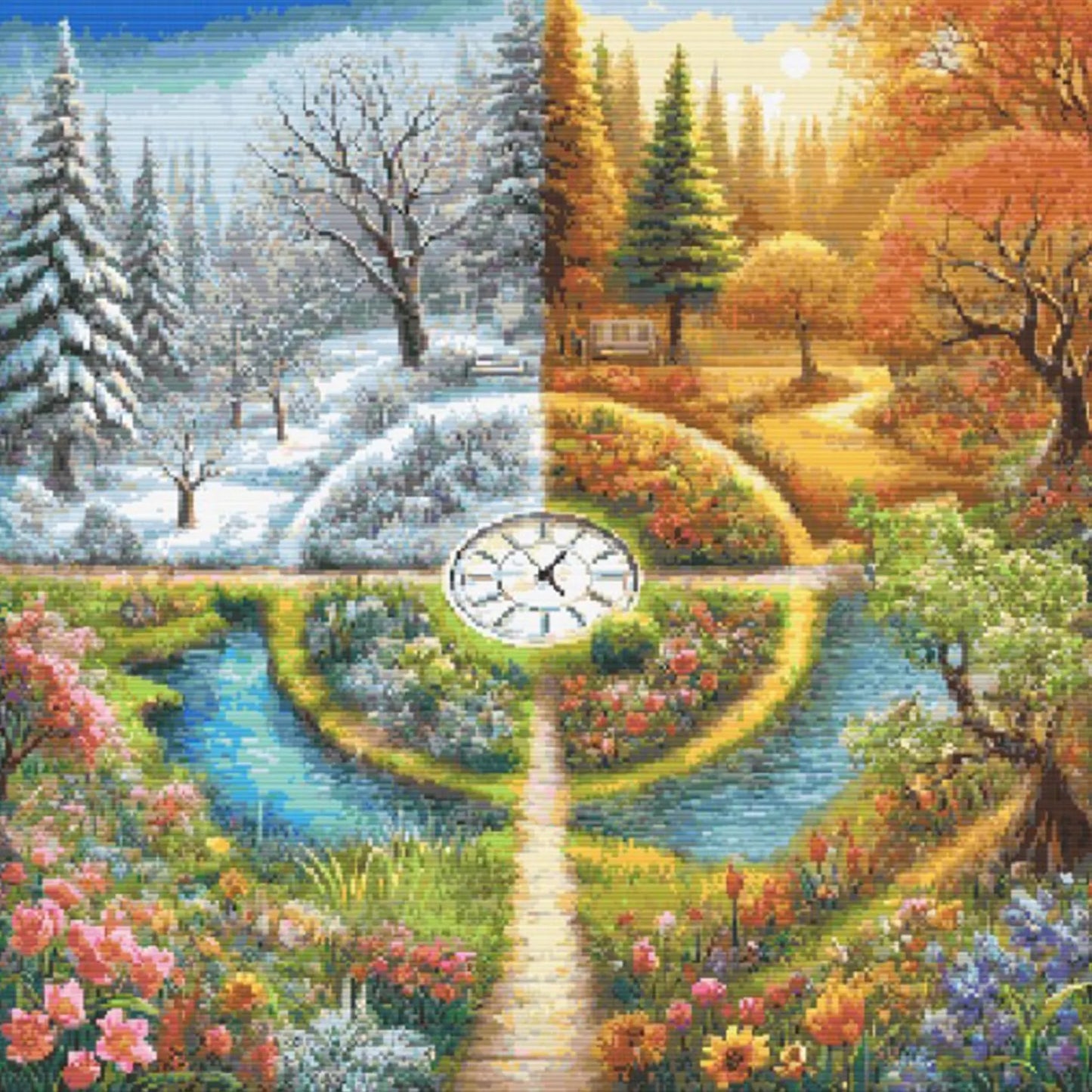 A Stitch in Time Cross Stitch Pattern - Seasonal Garden Landscape, Four Seasons Embroidery, Temperature Design, Digital PDF Download