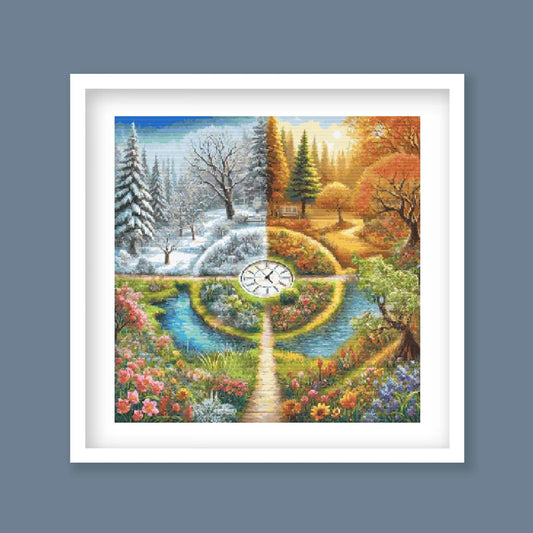 A Stitch in Time Cross Stitch Pattern - Seasonal Garden Landscape, Four Seasons Embroidery, Temperature Design, Digital PDF Download