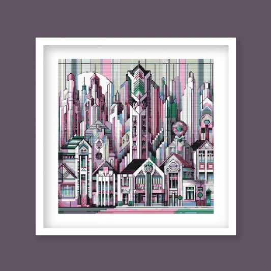 Art Deco City Cross Stitch Pattern – Modern Geometric Skyline, Urban Architecture Embroidery, Digital PDF Download.