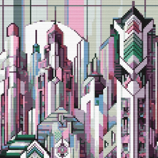 Art Deco City Cross Stitch Pattern – Modern Geometric Skyline, Urban Architecture Embroidery, Digital PDF Download.