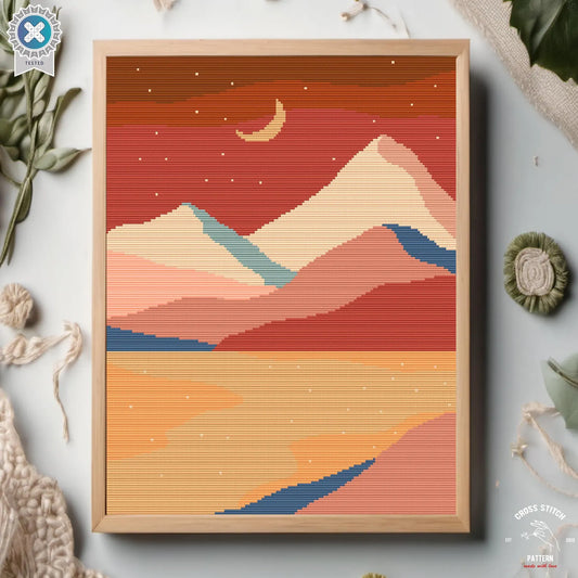 Mountain Cross Stitch Pattern, Sunset Landscape Design, Modern Nature Embroidery, minimalist cross stitch, Abstract Geometric Wall Art