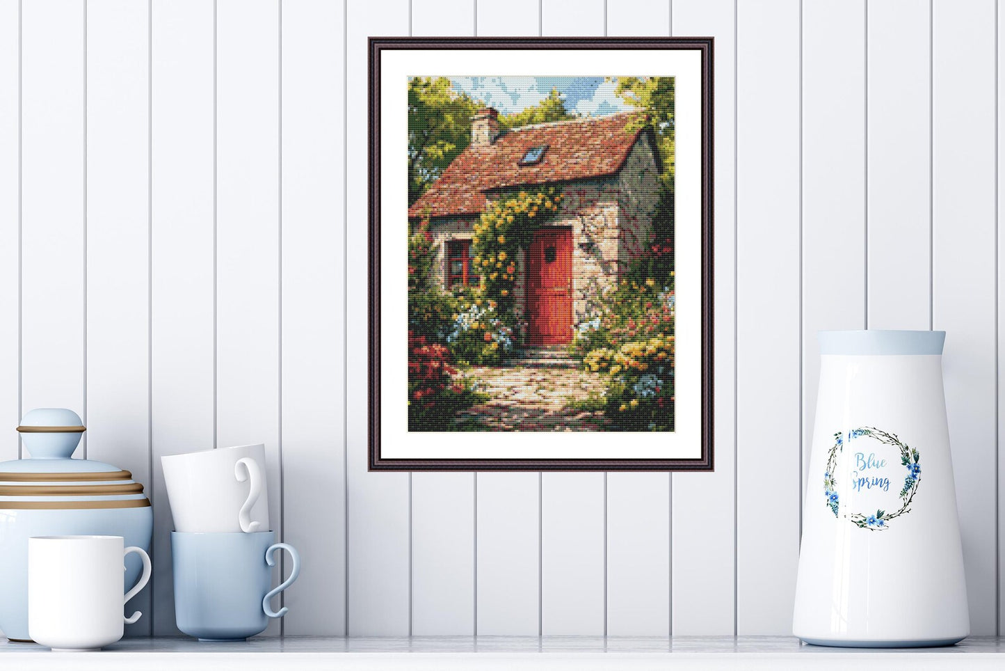 Red Door Garden Shed Scene Cross Stitch Pattern - Garden Cross Stitch - Download - Full Coverage Cross Stitch