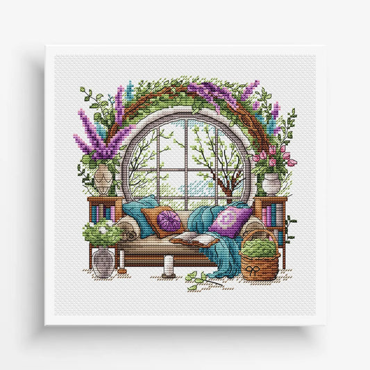Garden Pattern for Cross Stitch, Interior Embroidery PDF, Green Garden Embroidery PDF, Terrace window cross stitch, Embroidery decor