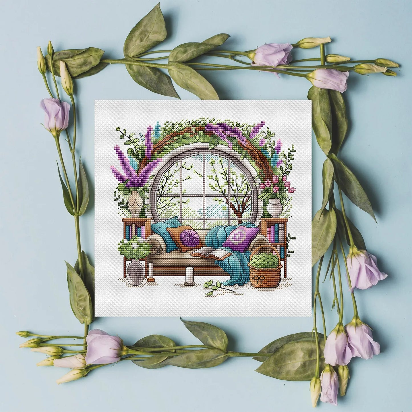 Garden Pattern for Cross Stitch, Interior Embroidery PDF, Green Garden Embroidery PDF, Terrace window cross stitch, Embroidery decor