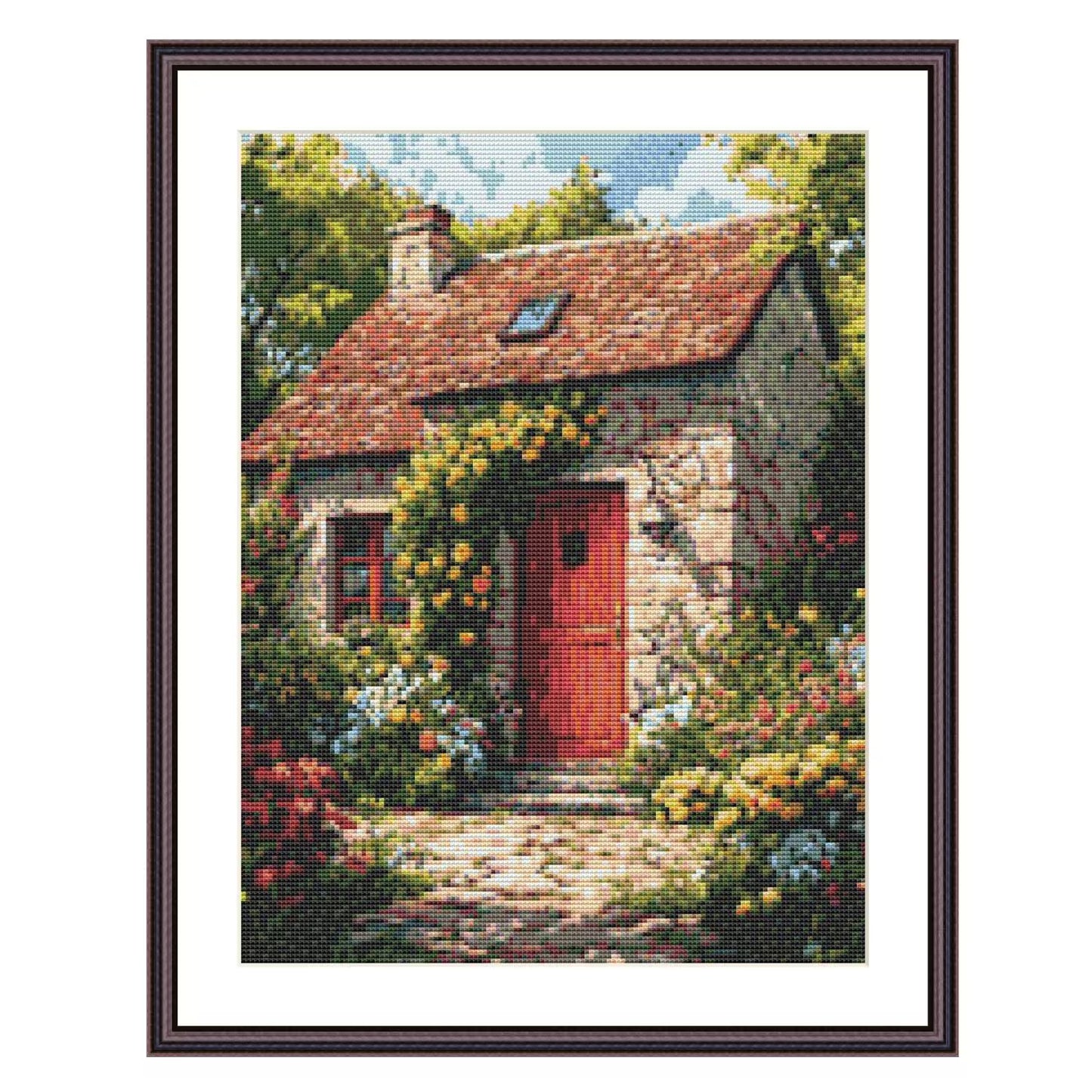 Red Door Garden Shed Scene Cross Stitch Pattern - Garden Cross Stitch - Download - Full Coverage Cross Stitch