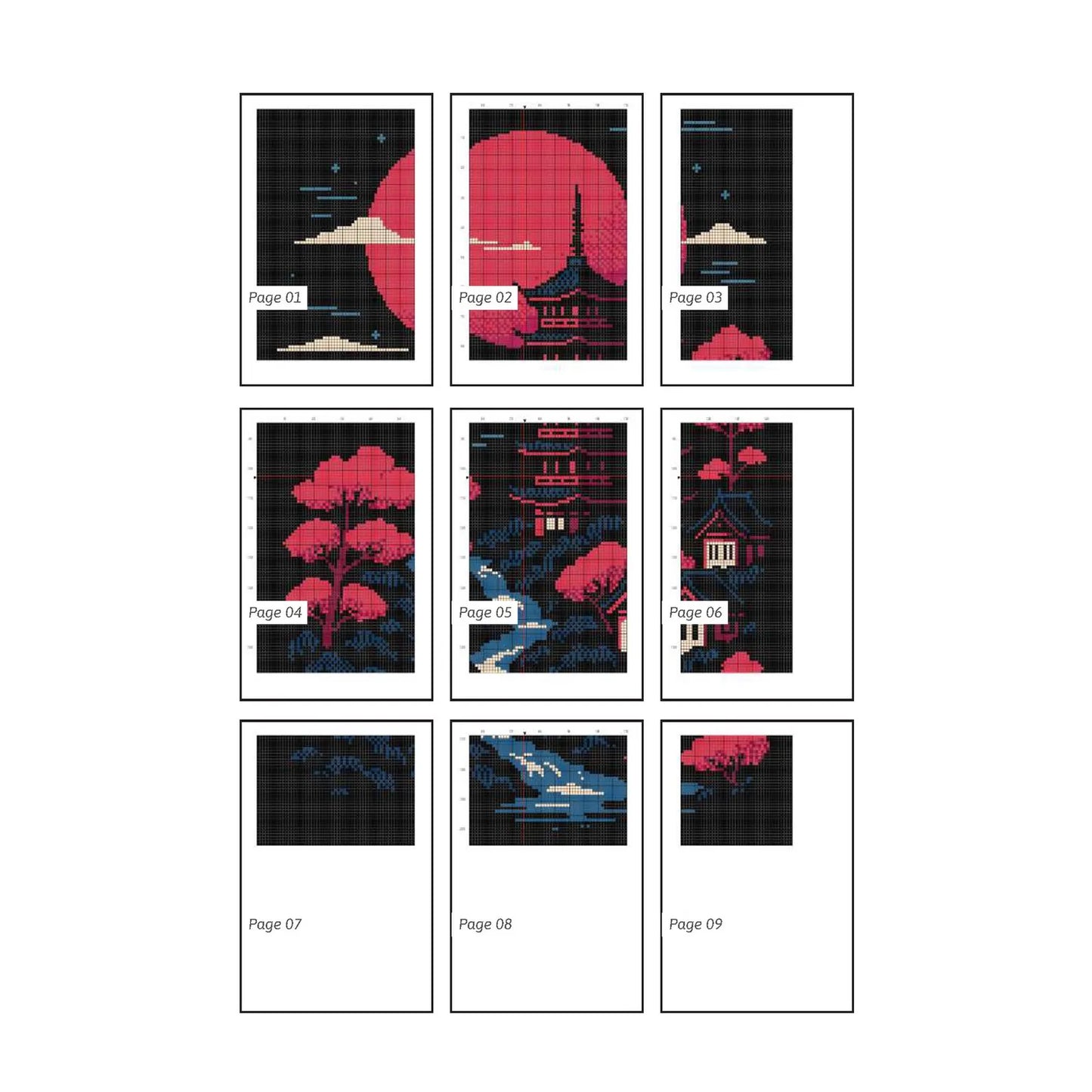 Japanese Pagoda by Stream Cross Stitch Pattern | Japan Landscape Cross Stitch Chart | Asian Landscape Cross Stitch Art | Large Cross Stitch