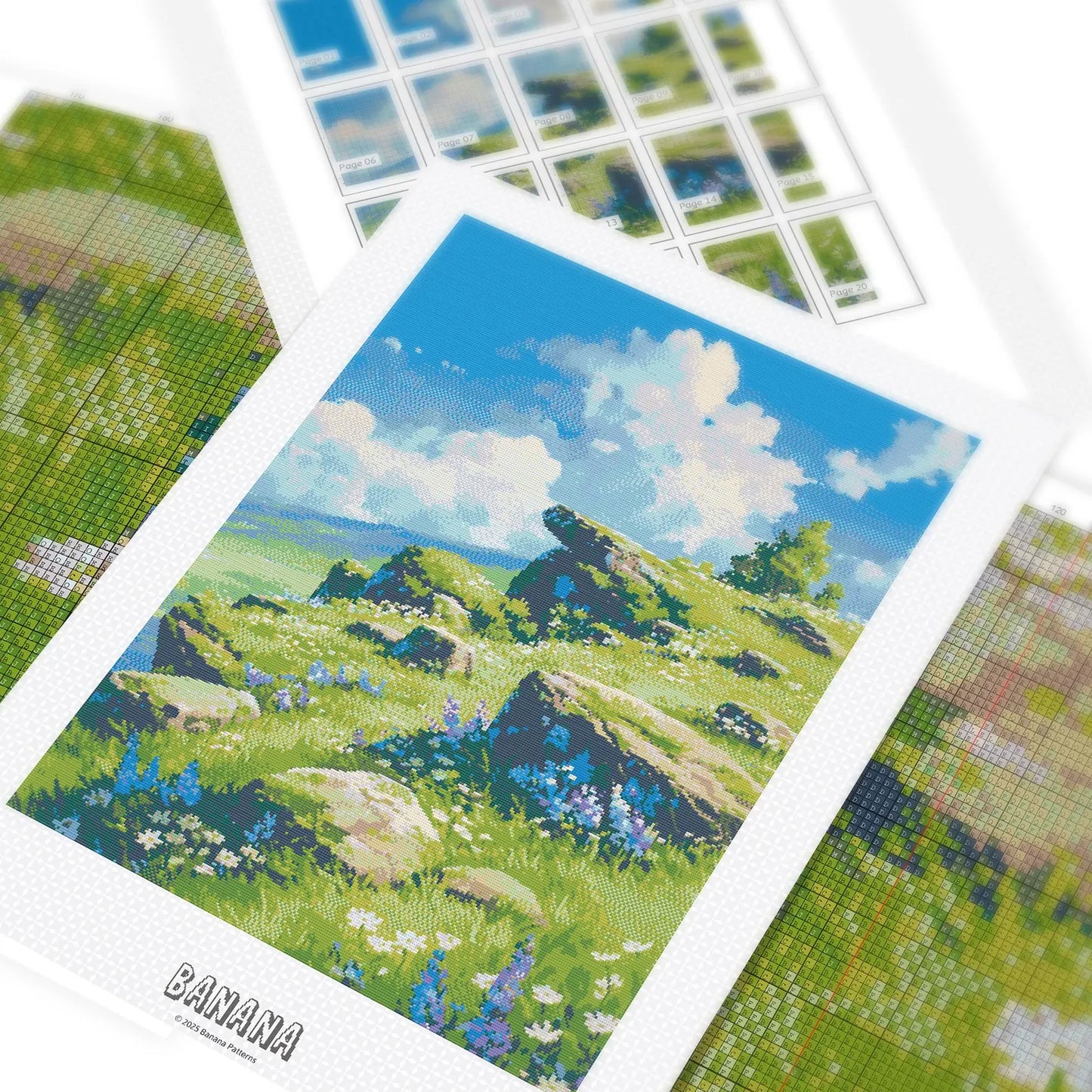 Ghibli inspired Spring Flowers on Mountain Cross Stitch Pattern | Landscape Cross Stitch Chart Download | Nature Cross Stitch