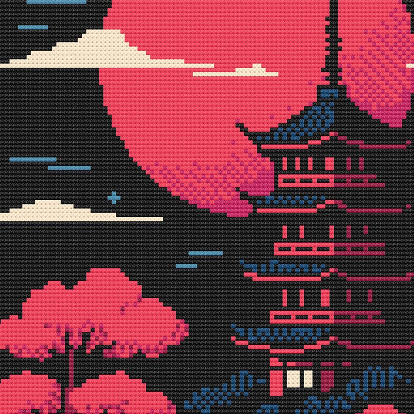 Japanese Pagoda by Stream Cross Stitch Pattern | Japan Landscape Cross Stitch Chart | Asian Landscape Cross Stitch Art | Large Cross Stitch