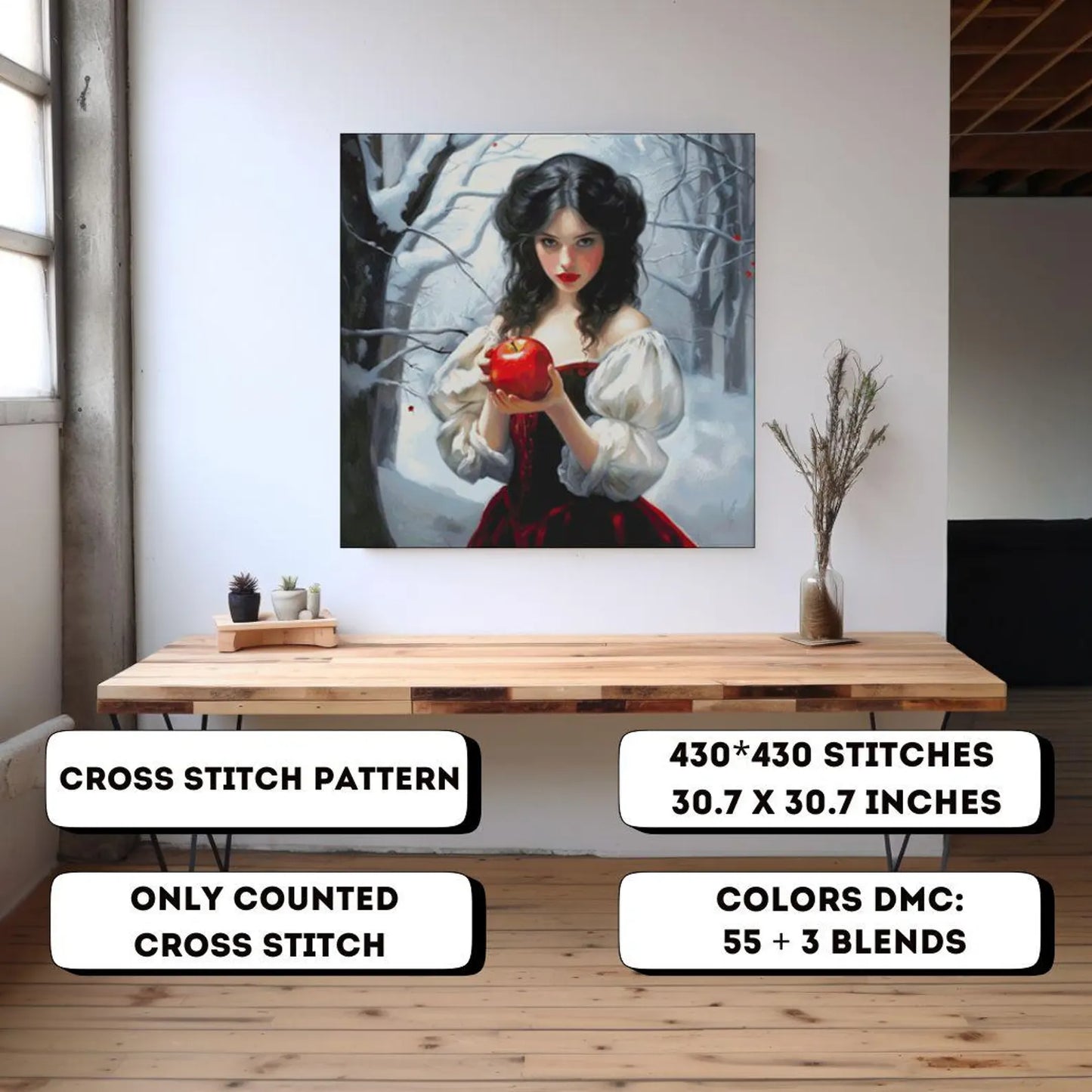 Cross stitch pattern Snow White PDF, fantasy, fairytale, princess cross stitch, instant download, hand embroidery, magic, home decor