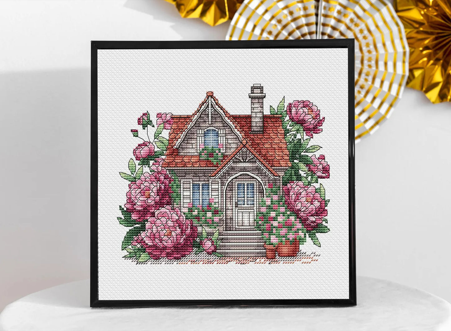 House Cross Stitch Pattern Digital Download, Cute Peonies House Embroidery, House with Peony, Summer Decor, Cozy House Pattern PDF