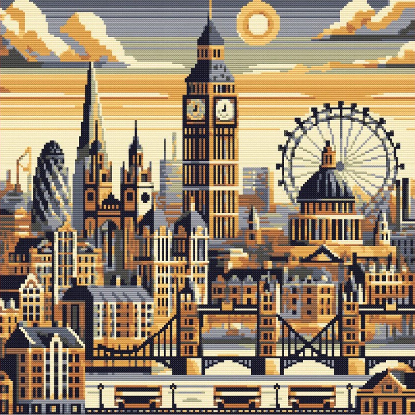Geometric London Cross Stitch Pattern - Modern Village Architecture Embroidery Design, Big Ben, Tower Bridge & London Eye, Digital Download.