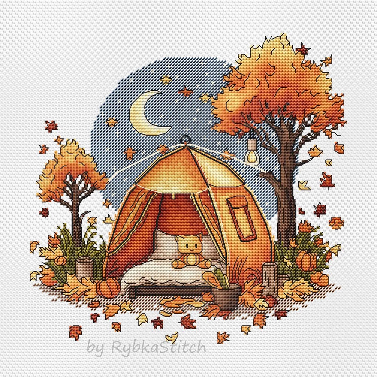 Fall Cross Stitch Pattern PDF, Autumn Embroidery, Autumn Leaves Cross Stitch, Vintage Embroidery, Camping Embroidery Counted Cross Stitch
