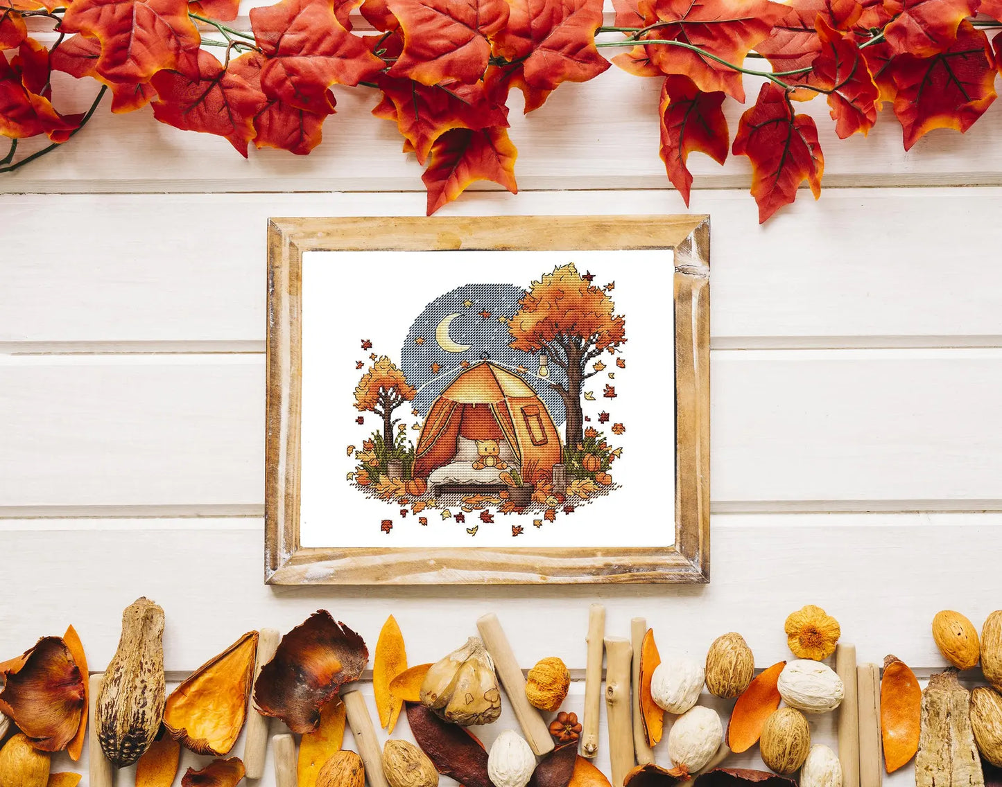 Fall Cross Stitch Pattern PDF, Autumn Embroidery, Autumn Leaves Cross Stitch, Vintage Embroidery, Camping Embroidery Counted Cross Stitch