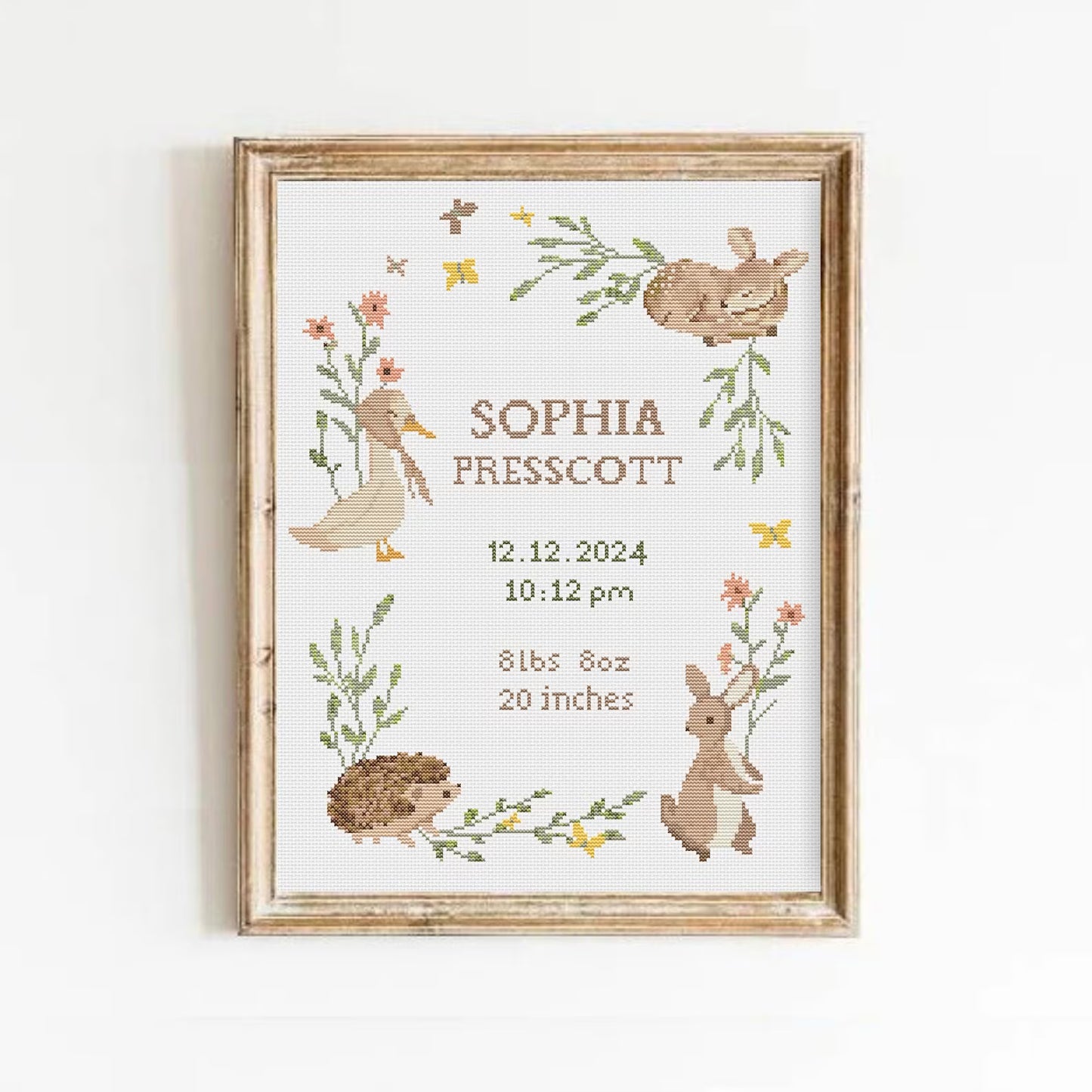 Baby Birth Announcement Cross Stitch Pattern, Customizable Floral Animal Embroidery PDF, Modern Girl Boy Nursery Decor, DIY Baby Shower Gift