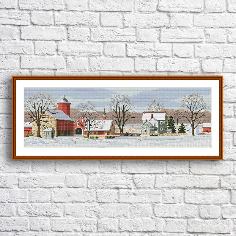 Scenic Farm Counted Cross Stitch Pattern Winter Landscape Pattern Hand Embroidery Needlepoint Chart Village Cottage Digital Pattern PDF