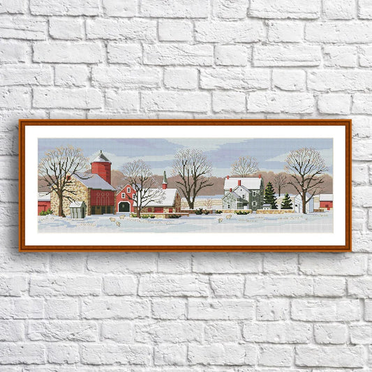 Scenic Farm Counted Cross Stitch Pattern Winter Landscape Pattern Hand Embroidery Needlepoint Chart Village Cottage Digital Pattern PDF