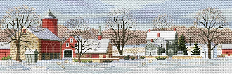 Scenic Farm Counted Cross Stitch Pattern Winter Landscape Pattern Hand Embroidery Needlepoint Chart Village Cottage Digital Pattern PDF