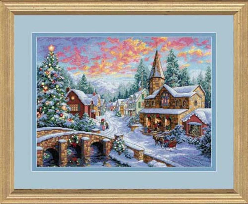 Holiday Village Counted Cross Stitch Pattern Christmas Village Winter Landscape Hand Embroidery Needlepoint Chart Cottage PDF