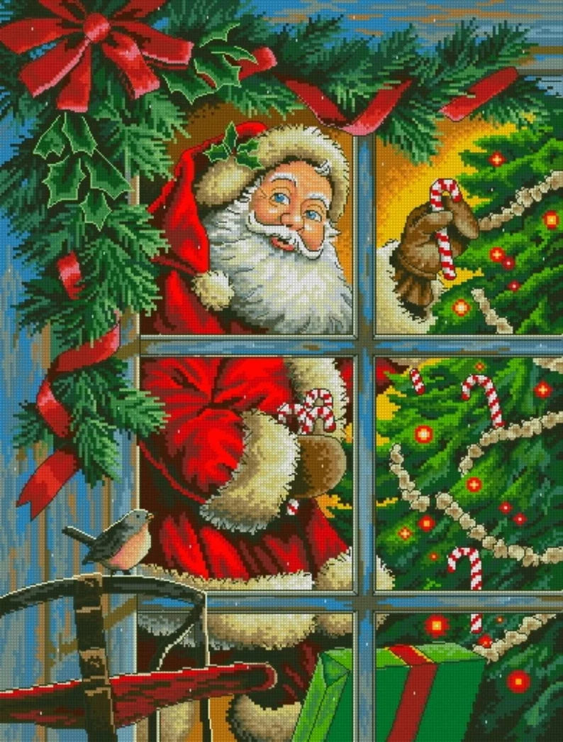 Candy cane santa, Christmas Cross Stitch Pattern, Modern Embroidery, Hand Embroidery Decor, Merry Christmas, Santa pattern, Winter pattern.