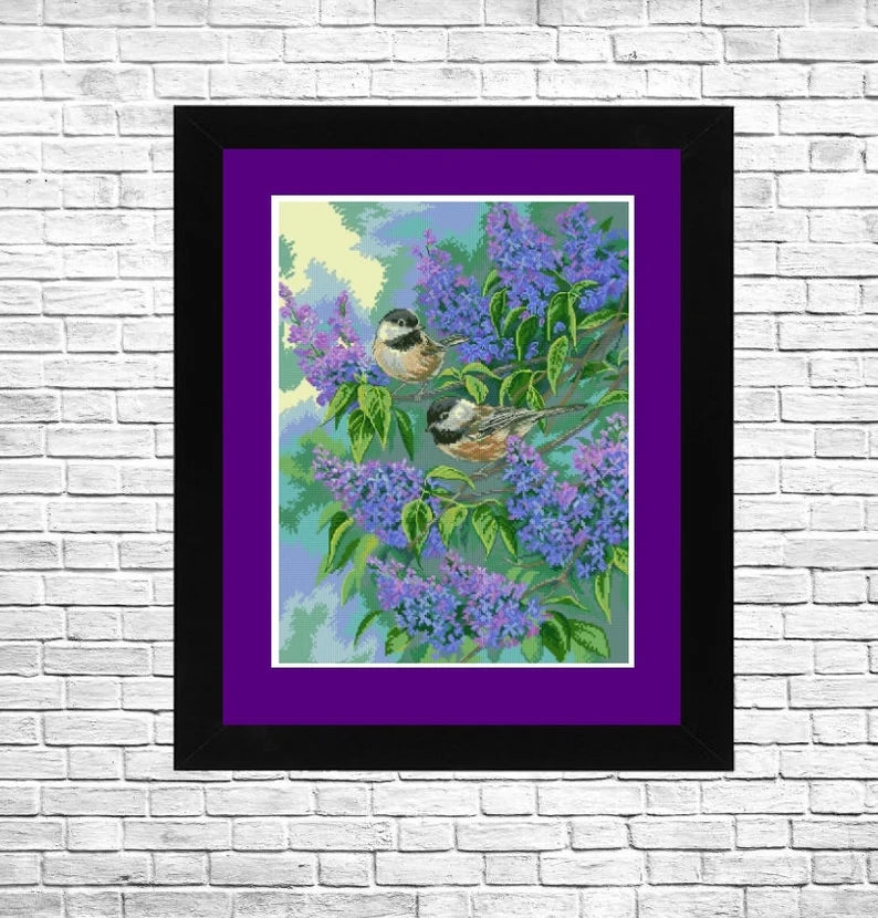 Chickadees and Lilacs Counted Cross Stitch PDF Embroidery Needlepoint chart Animal Cross Stitch Bird Pattern Summer Landscape Flower Pattern