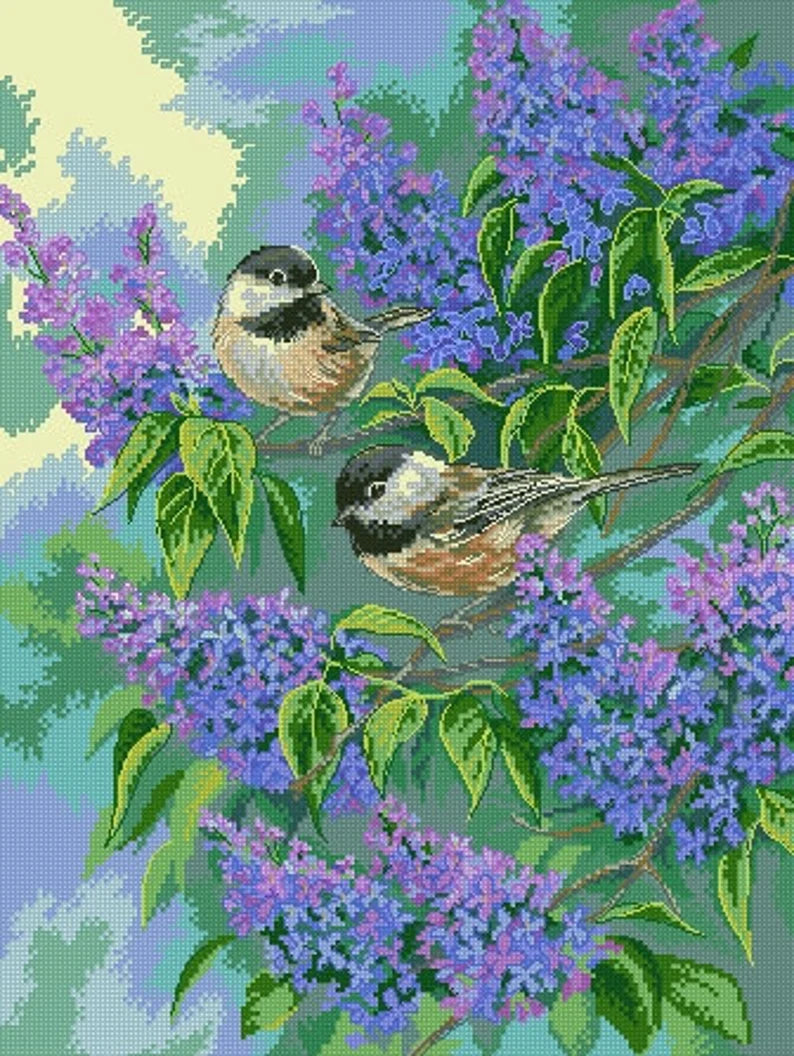 Chickadees and Lilacs Counted Cross Stitch PDF Embroidery Needlepoint chart Animal Cross Stitch Bird Pattern Summer Landscape Flower Pattern