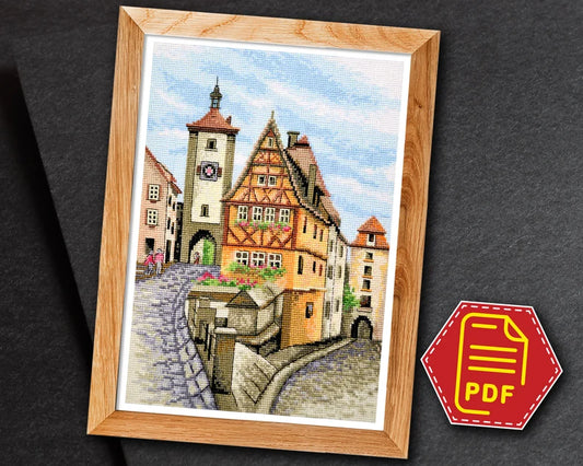 European cityscape cross stitch 'Rothenburg ob der Tauber' counted pattern - Instant Download in PDF