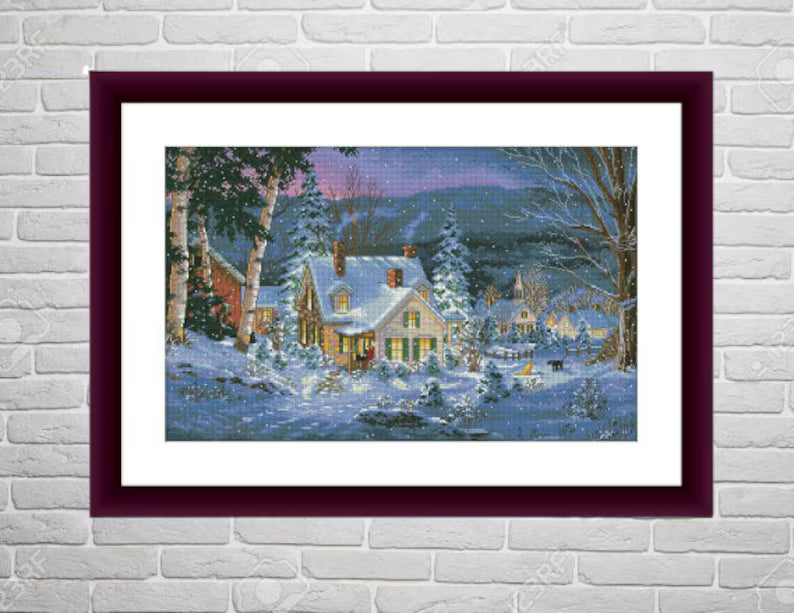 Christmas Cottage Counted cross stitch pattern winter landscape Digital cross stitch chart winter woodland PDF xmas cross stitch pattern