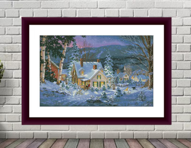 Christmas Cottage Counted cross stitch pattern winter landscape Digital cross stitch chart winter woodland PDF xmas cross stitch pattern