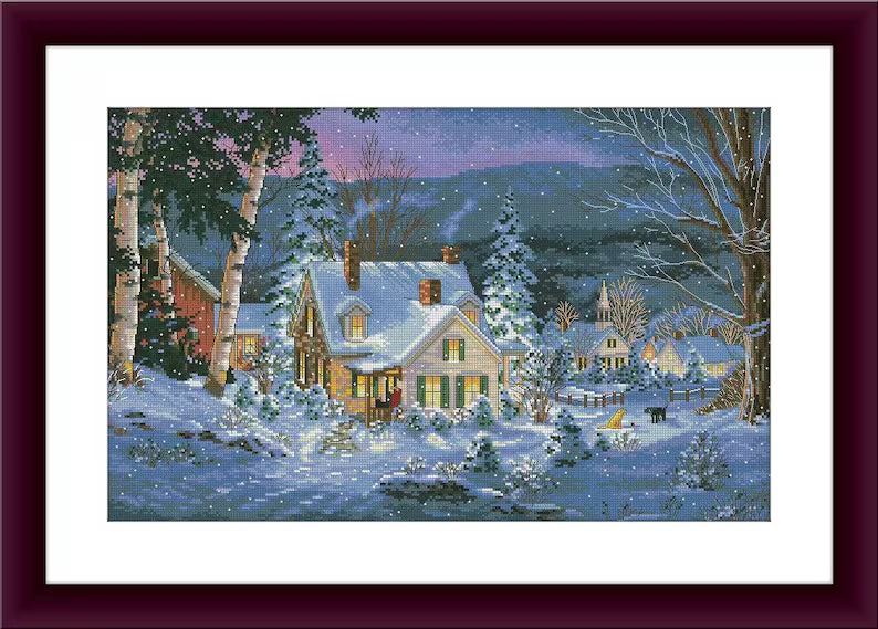 Christmas Cottage Counted cross stitch pattern winter landscape Digital cross stitch chart winter woodland PDF xmas cross stitch pattern