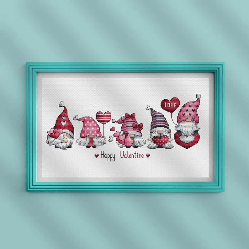Valentine Gnomes Cross Stitch, Gnomes Hand Embroidery Design, Fairy Gnome Love Needlepoint Pattern, Digital File Instant Download PDF