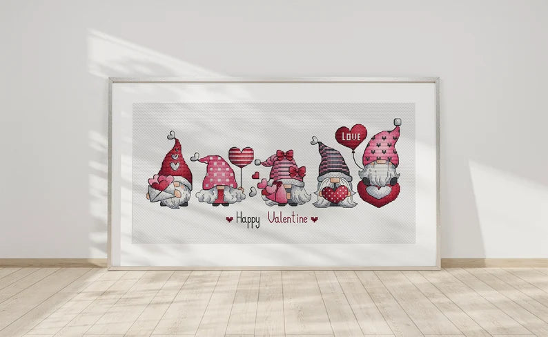 Valentine Gnomes Cross Stitch, Gnomes Hand Embroidery Design, Fairy Gnome Love Needlepoint Pattern, Digital File Instant Download PDF