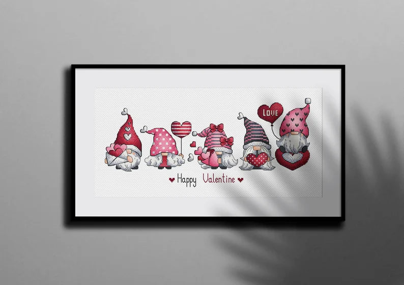 Valentine Gnomes Cross Stitch, Gnomes Hand Embroidery Design, Fairy Gnome Love Needlepoint Pattern, Digital File Instant Download PDF