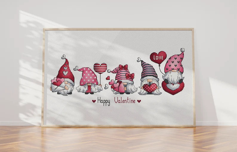 Valentine Gnomes Cross Stitch, Gnomes Hand Embroidery Design, Fairy Gnome Love Needlepoint Pattern, Digital File Instant Download PDF