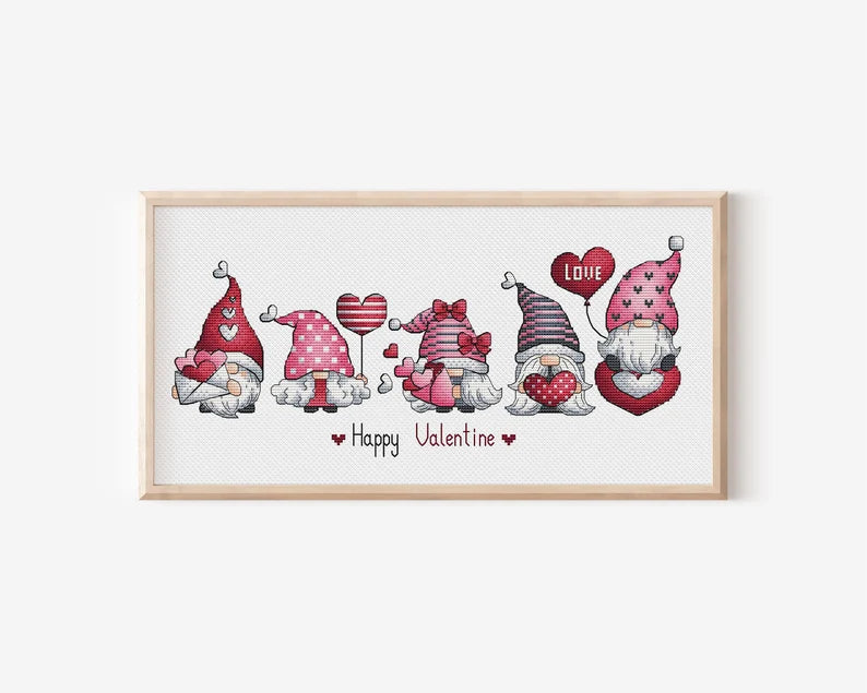 Valentine Gnomes Cross Stitch, Gnomes Hand Embroidery Design, Fairy Gnome Love Needlepoint Pattern, Digital File Instant Download PDF