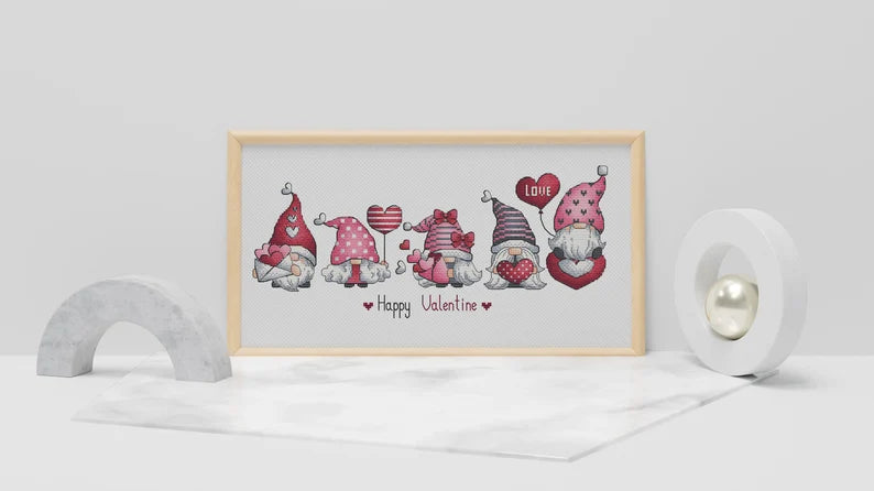 Valentine Gnomes Cross Stitch, Gnomes Hand Embroidery Design, Fairy Gnome Love Needlepoint Pattern, Digital File Instant Download PDF