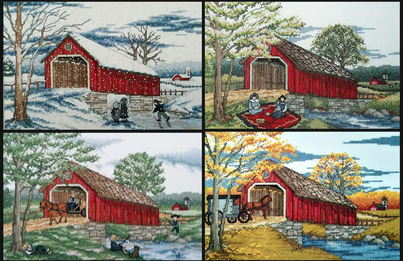 Covered Bridge seasons Counted Cross stitch pattern full color chart DMC Anchor instant download PDF river barn amish horse carriage country