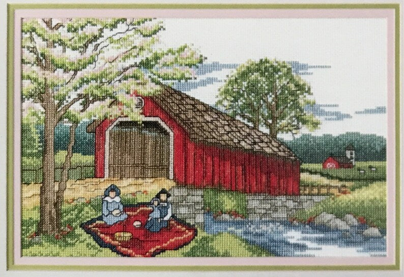 Covered Bridge seasons Counted Cross stitch pattern full color chart DMC Anchor instant download PDF river barn amish horse carriage country