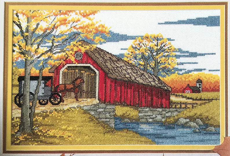 Covered Bridge seasons Counted Cross stitch pattern full color chart DMC Anchor instant download PDF river barn amish horse carriage country