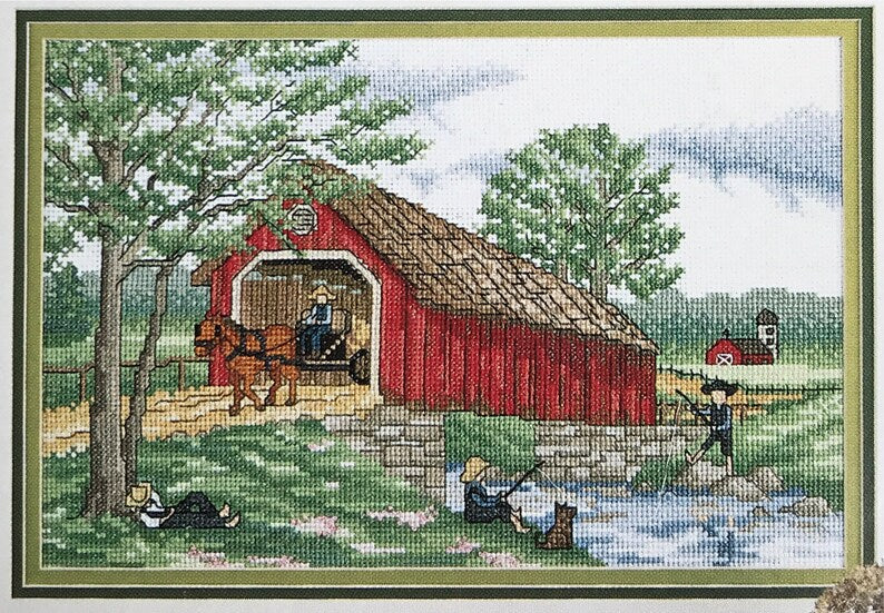 Covered Bridge seasons Counted Cross stitch pattern full color chart DMC Anchor instant download PDF river barn amish horse carriage country