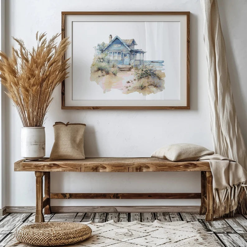 Cross Stitch Pattern With Seaside Cottage, Beach House Cross Stitch Designs, Coastal Embroidery Pattern, Counted, Seascape Cross Stitch Pdf