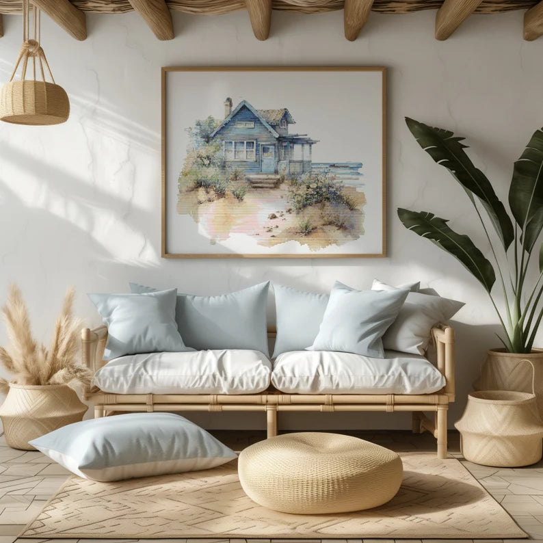 Cross Stitch Pattern With Seaside Cottage, Beach House Cross Stitch Designs, Coastal Embroidery Pattern, Counted, Seascape Cross Stitch Pdf