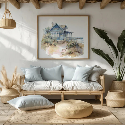 Cross Stitch Pattern With Seaside Cottage, Beach House Cross Stitch Designs, Coastal Embroidery Pattern, Counted, Seascape Cross Stitch Pdf