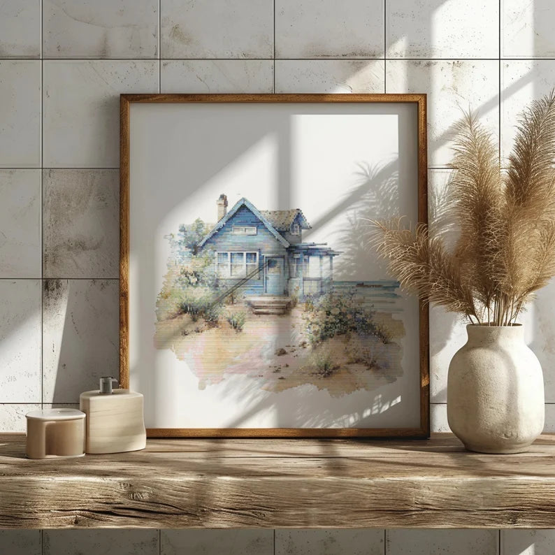 Cross Stitch Pattern With Seaside Cottage, Beach House Cross Stitch Designs, Coastal Embroidery Pattern, Counted, Seascape Cross Stitch Pdf