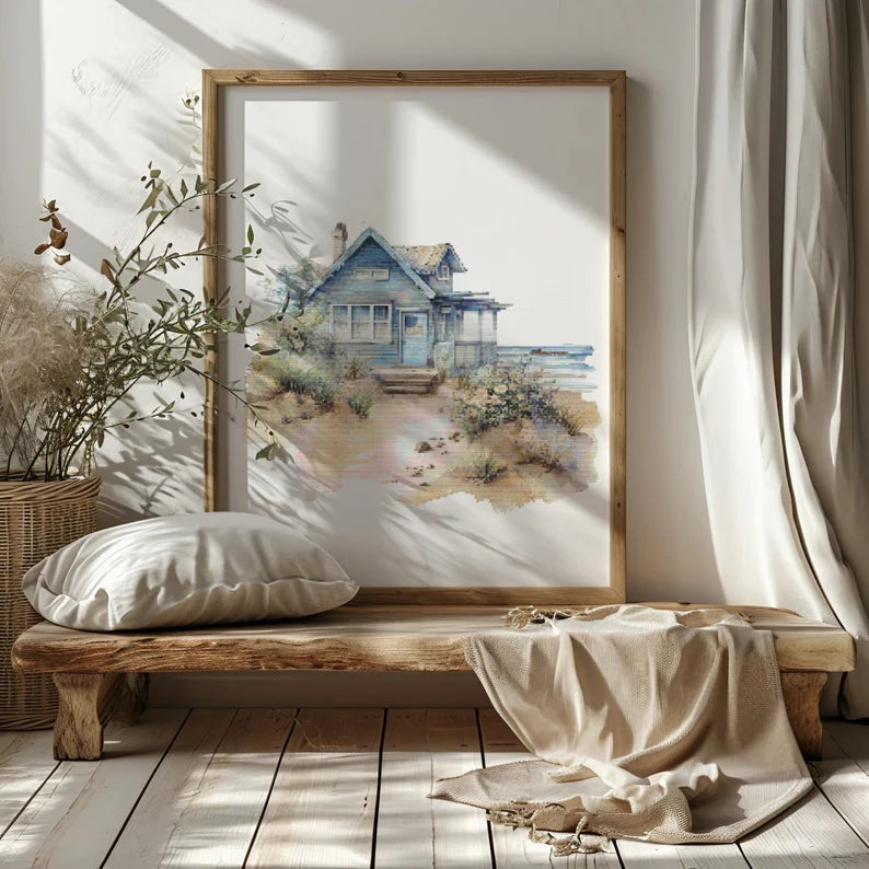 Cross Stitch Pattern With Seaside Cottage, Beach House Cross Stitch Designs, Coastal Embroidery Pattern, Counted, Seascape Cross Stitch Pdf