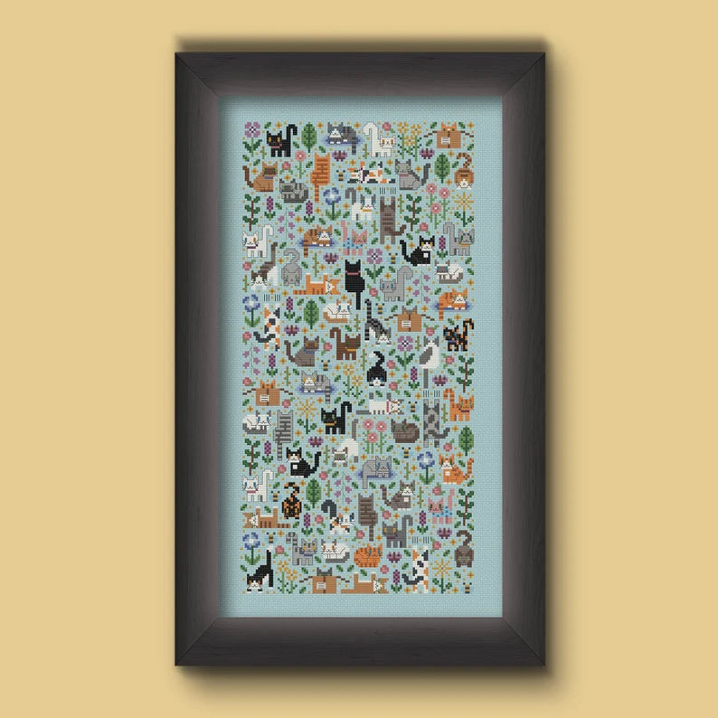 Cat Garden Cross Stitch Pattern, Cute Kitties PDF Chart (Digital Download)