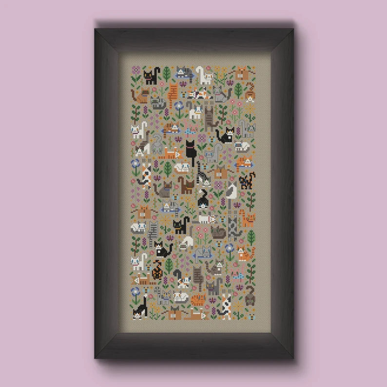 Cat Garden Cross Stitch Pattern, Cute Kitties PDF Chart (Digital Download)
