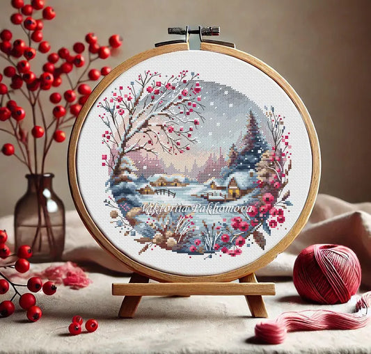 Winter Serenity Cross Stitch Pattern: Snowy Village Pictorial Landscape Hand Embroidery (PDF digital download)