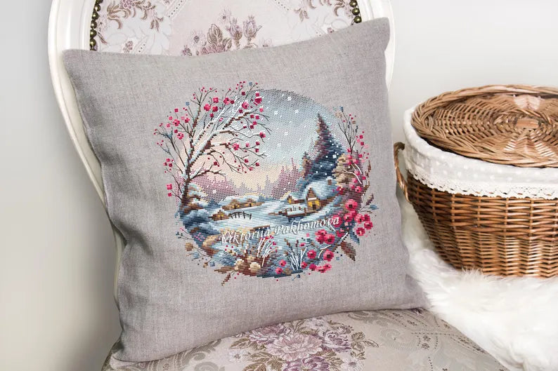 Winter Serenity Cross Stitch Pattern: Snowy Village Pictorial Landscape Hand Embroidery (PDF digital download)