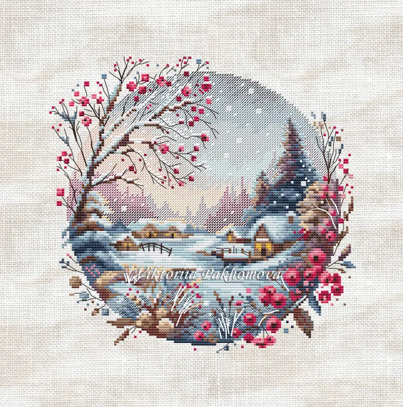 Winter Serenity Cross Stitch Pattern: Snowy Village Pictorial Landscape Hand Embroidery (PDF digital download)