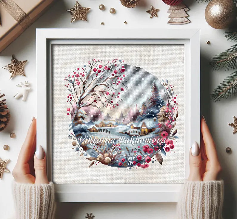 Winter Serenity Cross Stitch Pattern: Snowy Village Pictorial Landscape Hand Embroidery (PDF digital download)